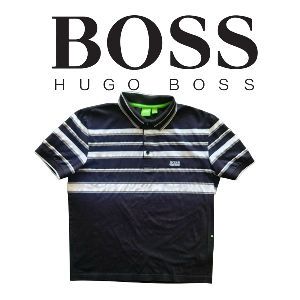 Hugo Boss Striped Polo Shirt Black White Grey Modern Cotton Size Med
